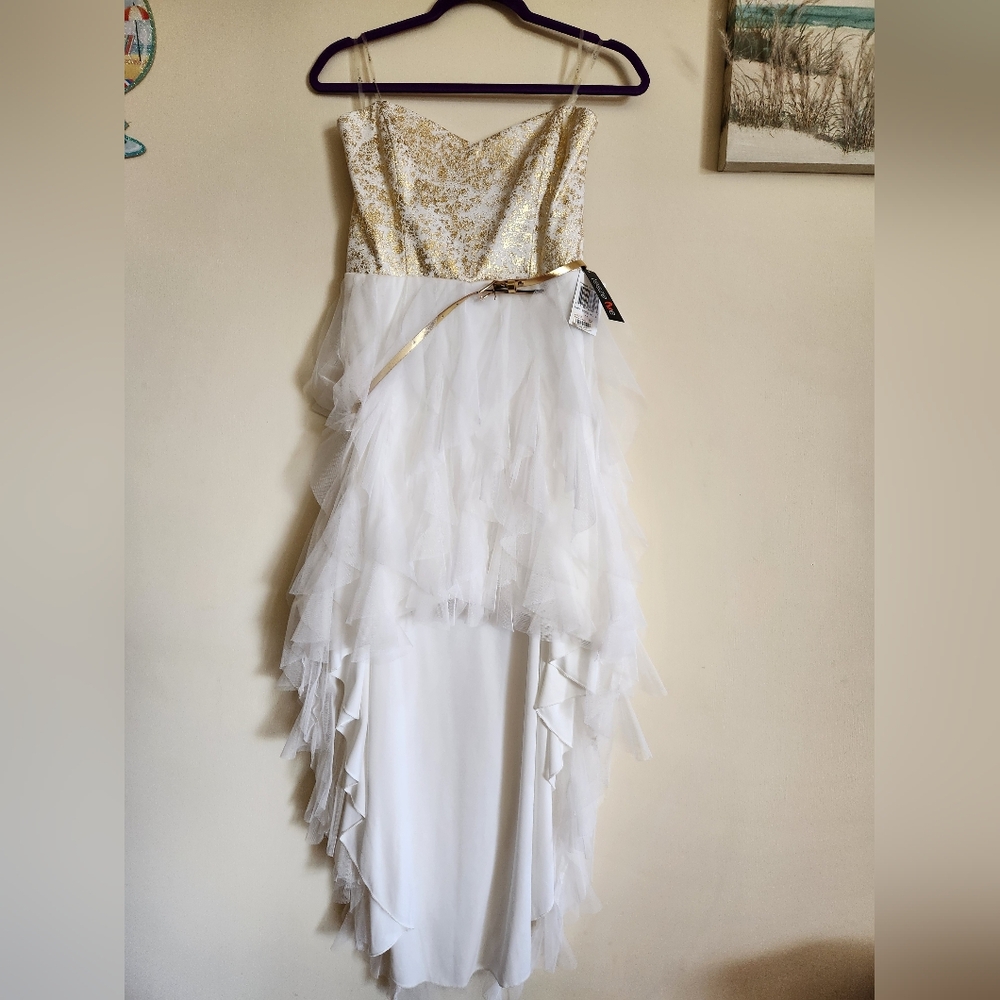 Teeze Me Semi Formal Juniors Dress White Gold Belted Hi Lo Size 11 NWT